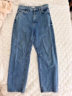 nuuds Relaxed Barrel Jeans 27, Light Wash, Paneled Knee Seams, Denim